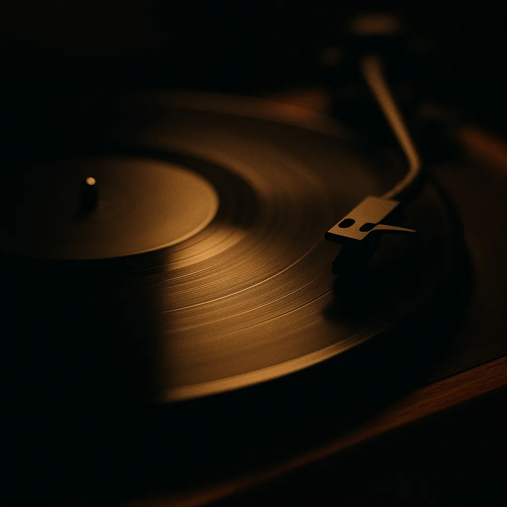 A vinyl record's grooves lit warm gold against deep shadow.