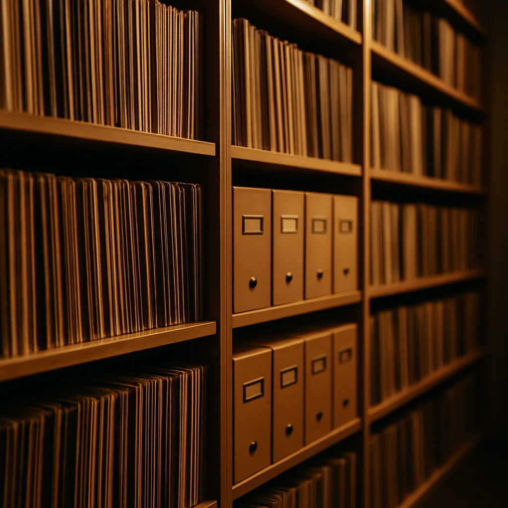 Neat colour-coded rows of vinyl spines, a curated catalogue.