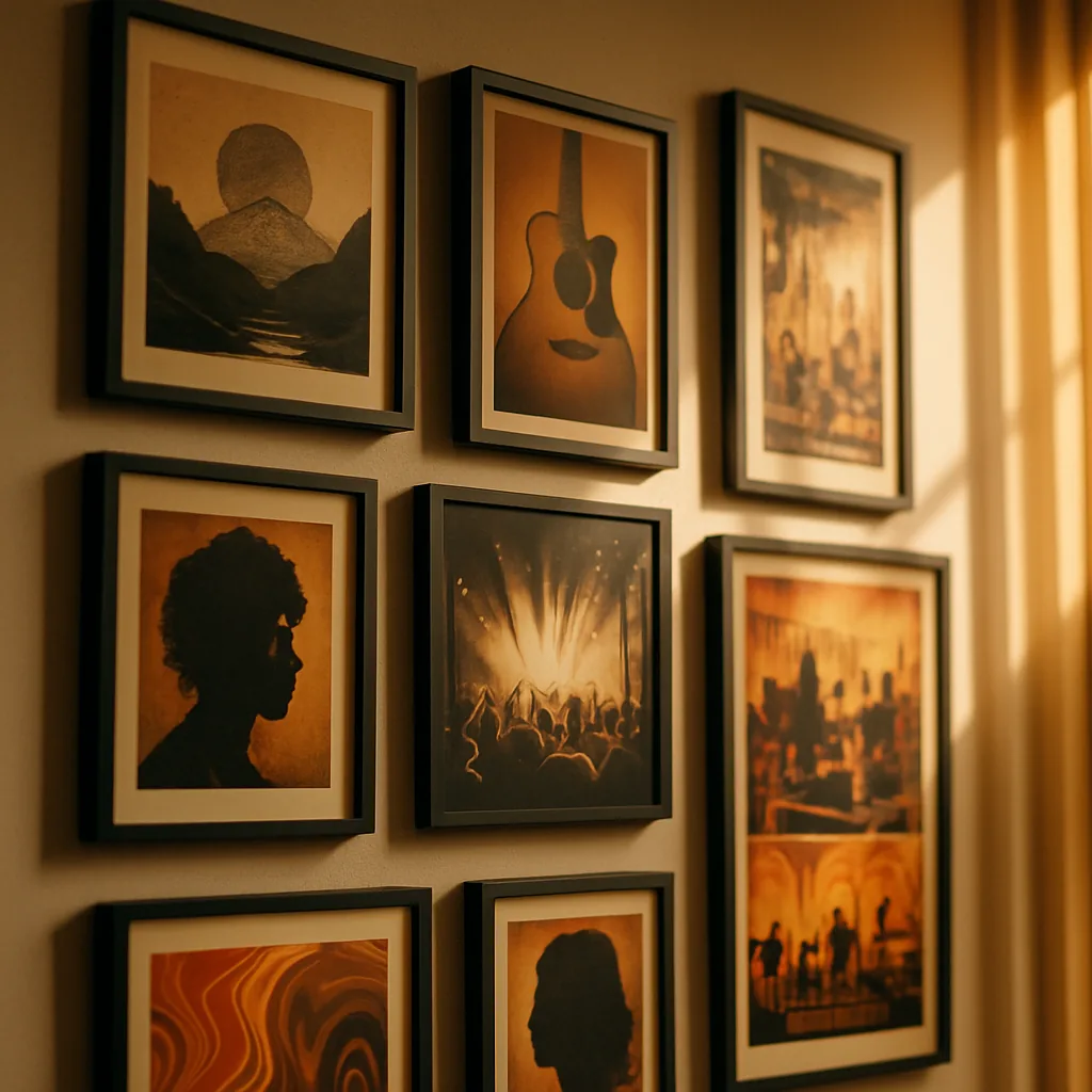 A vibrant gallery wall of colourful album covers.